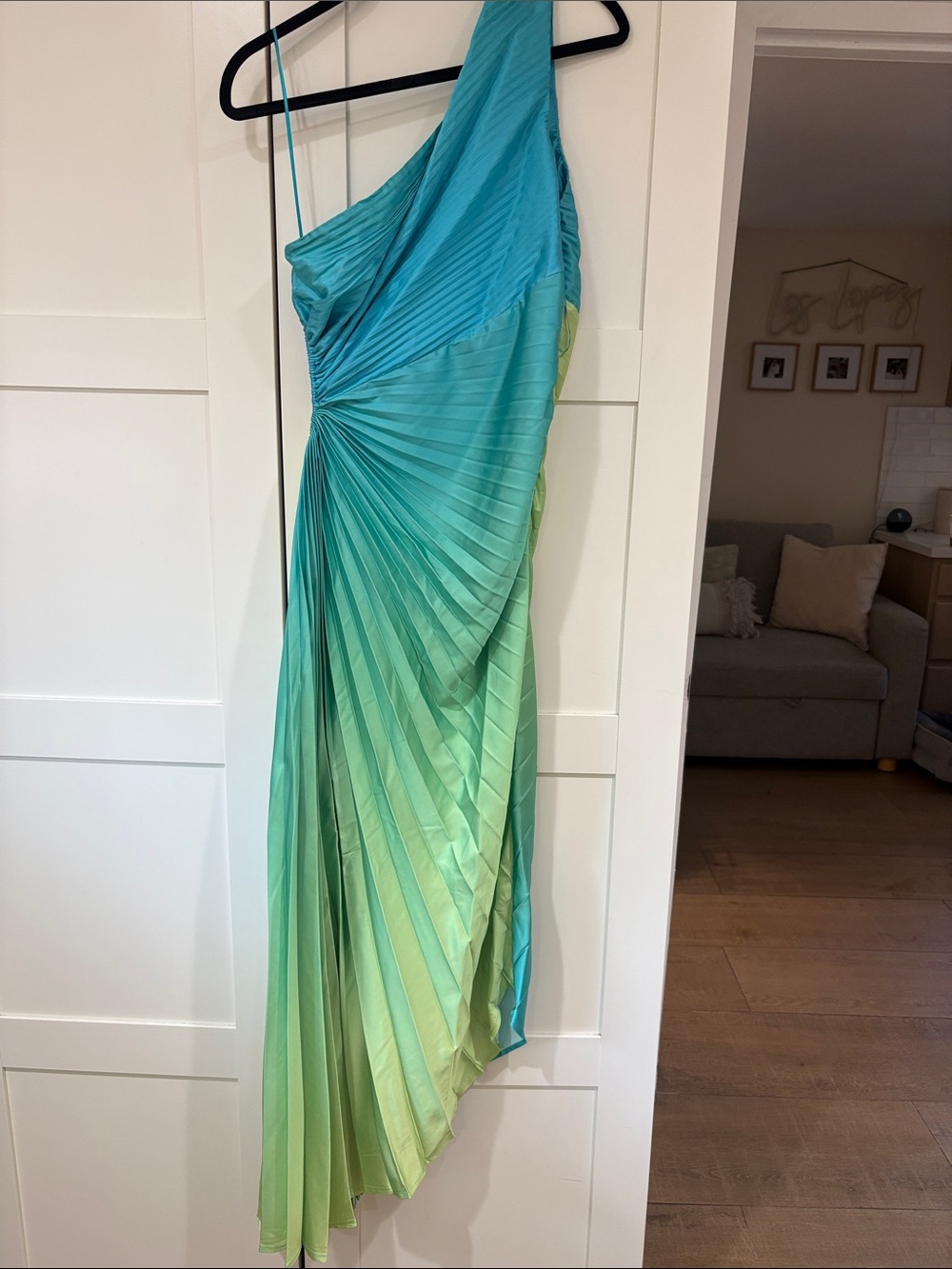 One-Shoulder Green to Teal Gradient Pleated Dress